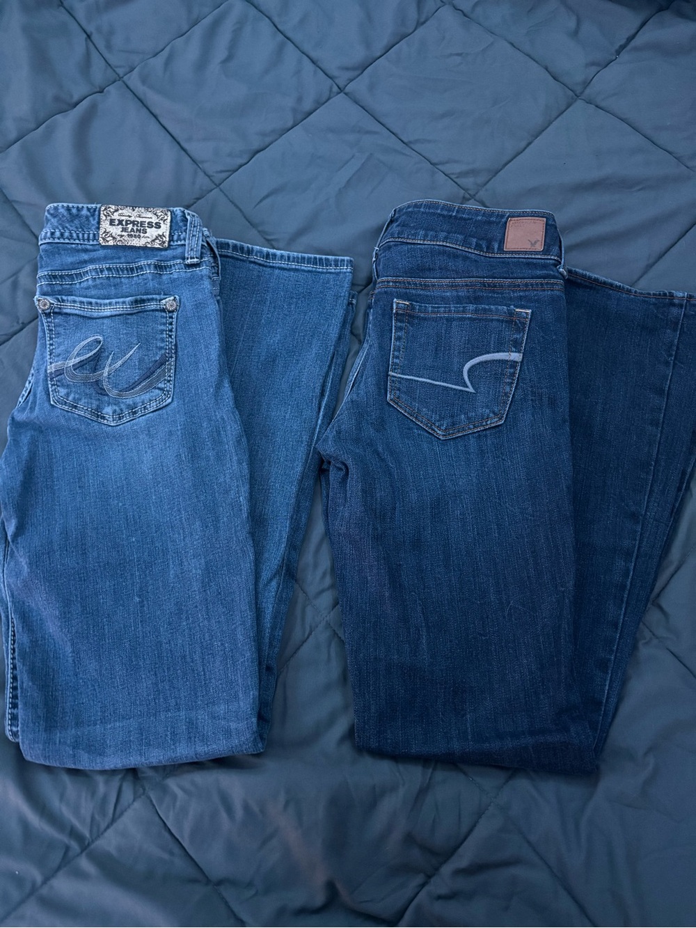American Eagle Outfitters and Express Jeans Two-Tone Blue Boot Cut Jeans Pair